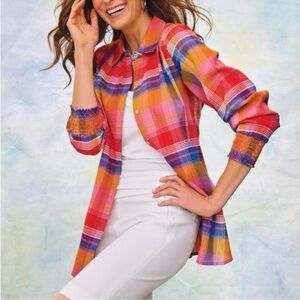 Soft Surroundings Sansonne Rainbow Plaid Crinkle Blouse‎ M